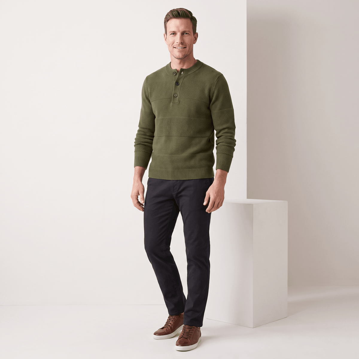 Orlando Chunky Knit Henley Sweater – Textured Stripe Three Button Crew Neck Long Sleeve Pullover