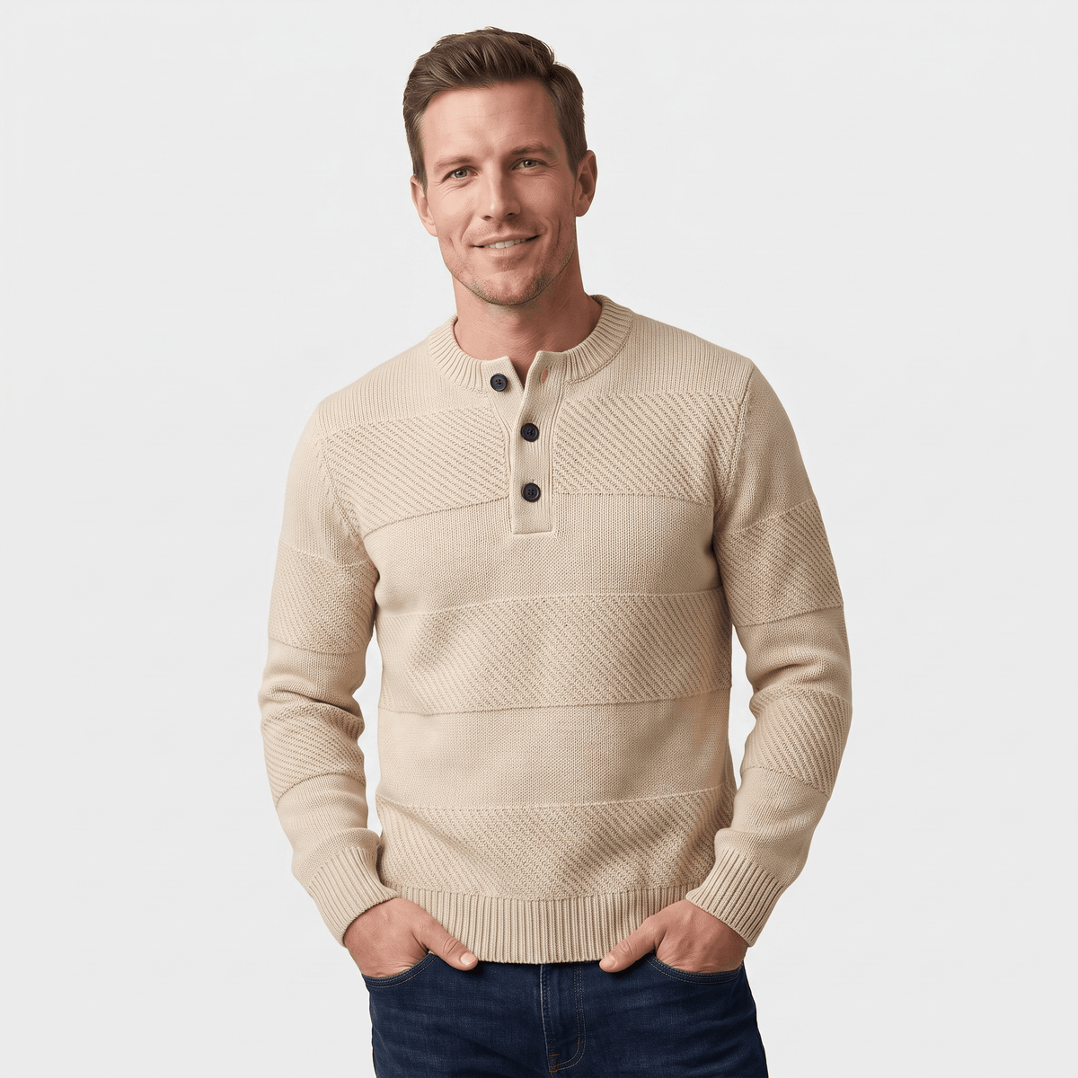 Orlando Chunky Knit Henley Sweater – Textured Stripe Three Button Crew Neck Long Sleeve Pullover