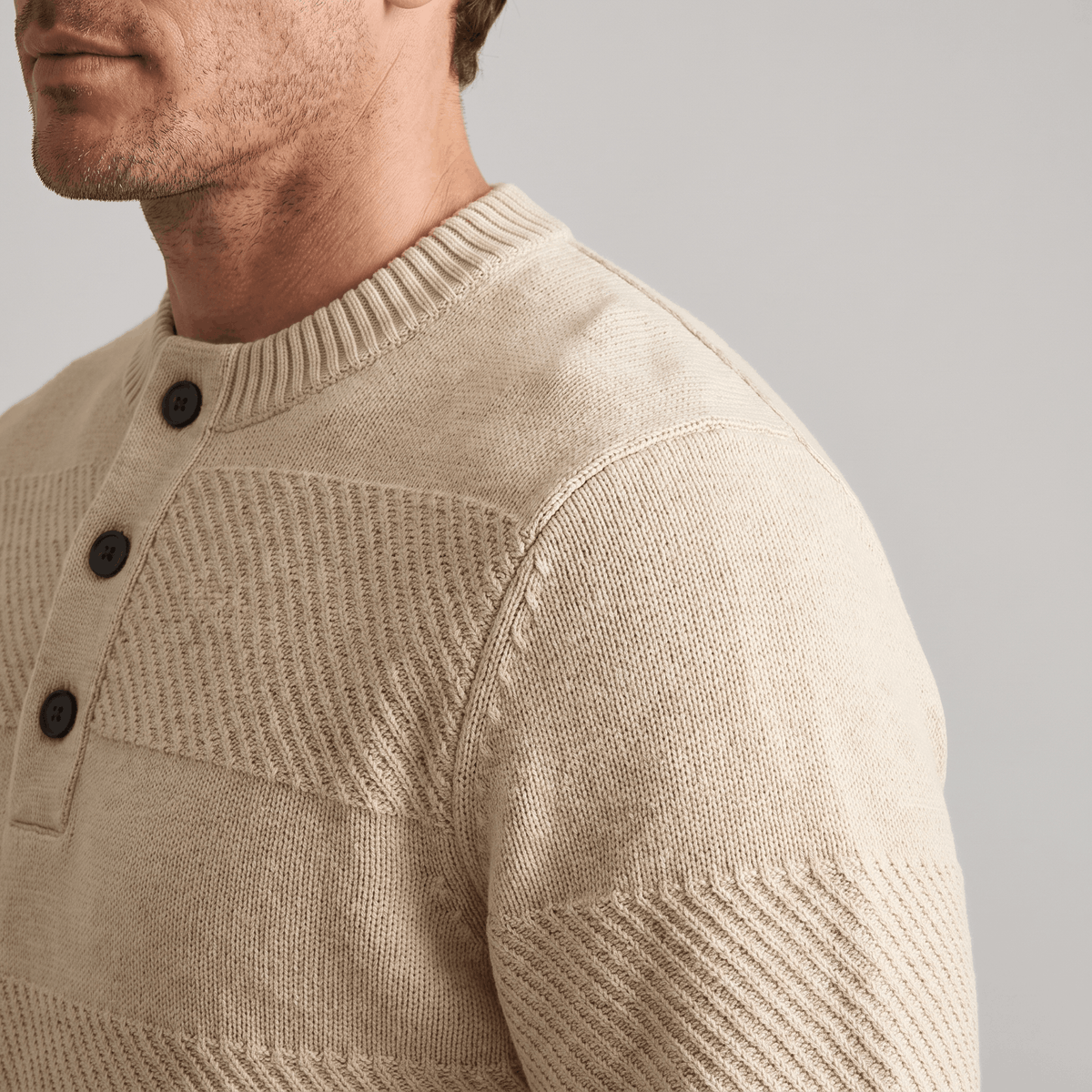 Orlando Chunky Knit Henley Sweater – Textured Stripe Three Button Crew Neck Long Sleeve Pullover