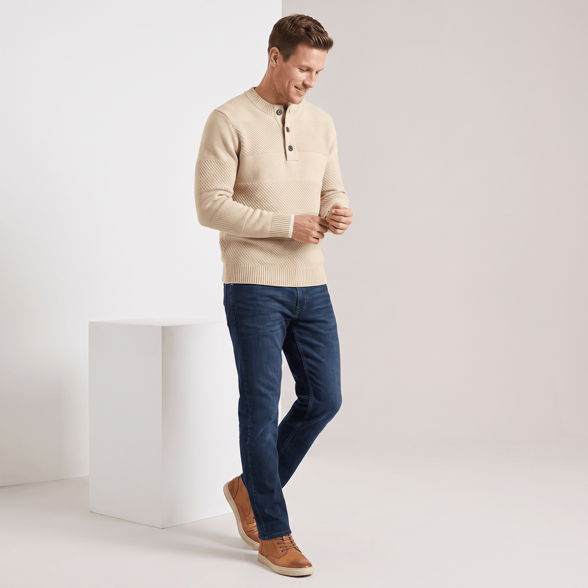 Orlando Chunky Knit Henley Sweater – Textured Stripe Three Button Crew Neck Long Sleeve Pullover