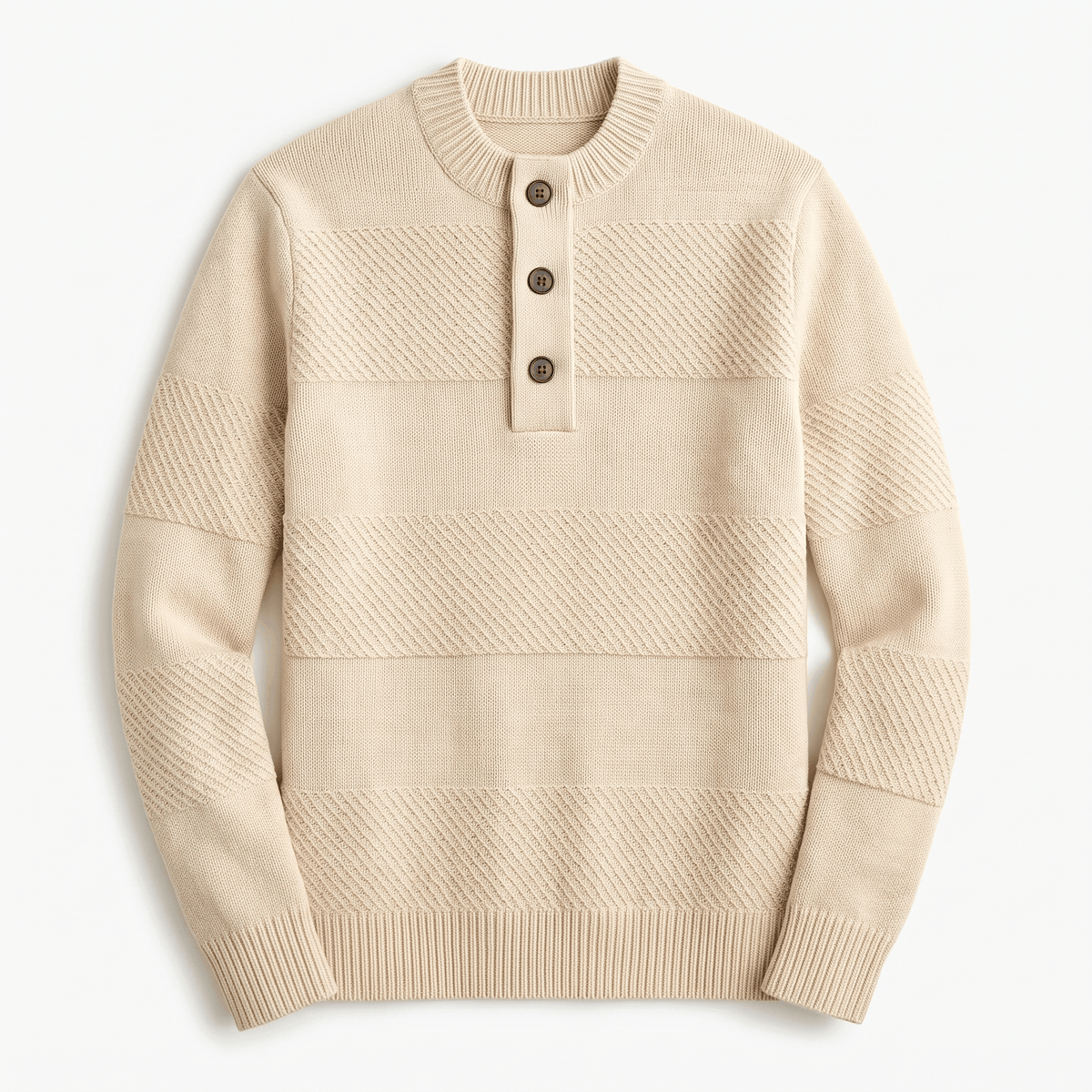 Orlando Chunky Knit Henley Sweater – Textured Stripe Three Button Crew Neck Long Sleeve Pullover