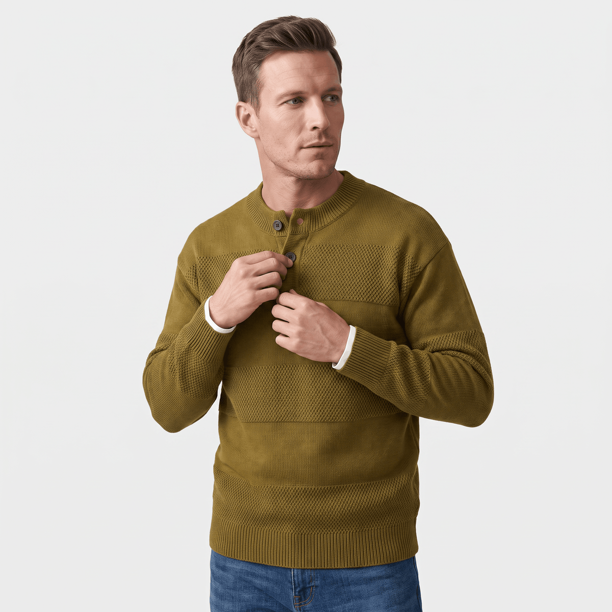 Orlando Chunky Knit Henley Sweater – Textured Stripe Three Button Crew Neck Long Sleeve Pullover