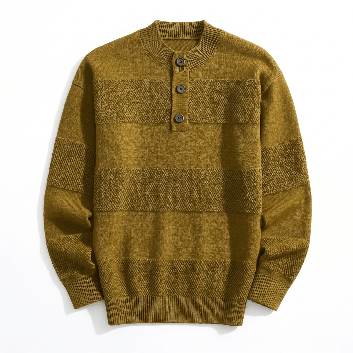 Orlando Chunky Knit Henley Sweater – Textured Stripe Three Button Crew Neck Long Sleeve Pullover