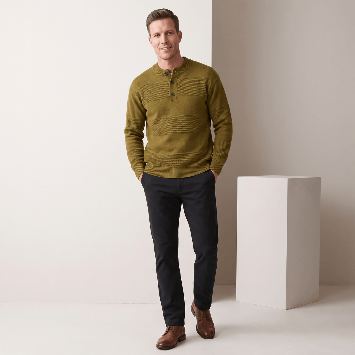 Orlando Chunky Knit Henley Sweater – Textured Stripe Three Button Crew Neck Long Sleeve Pullover