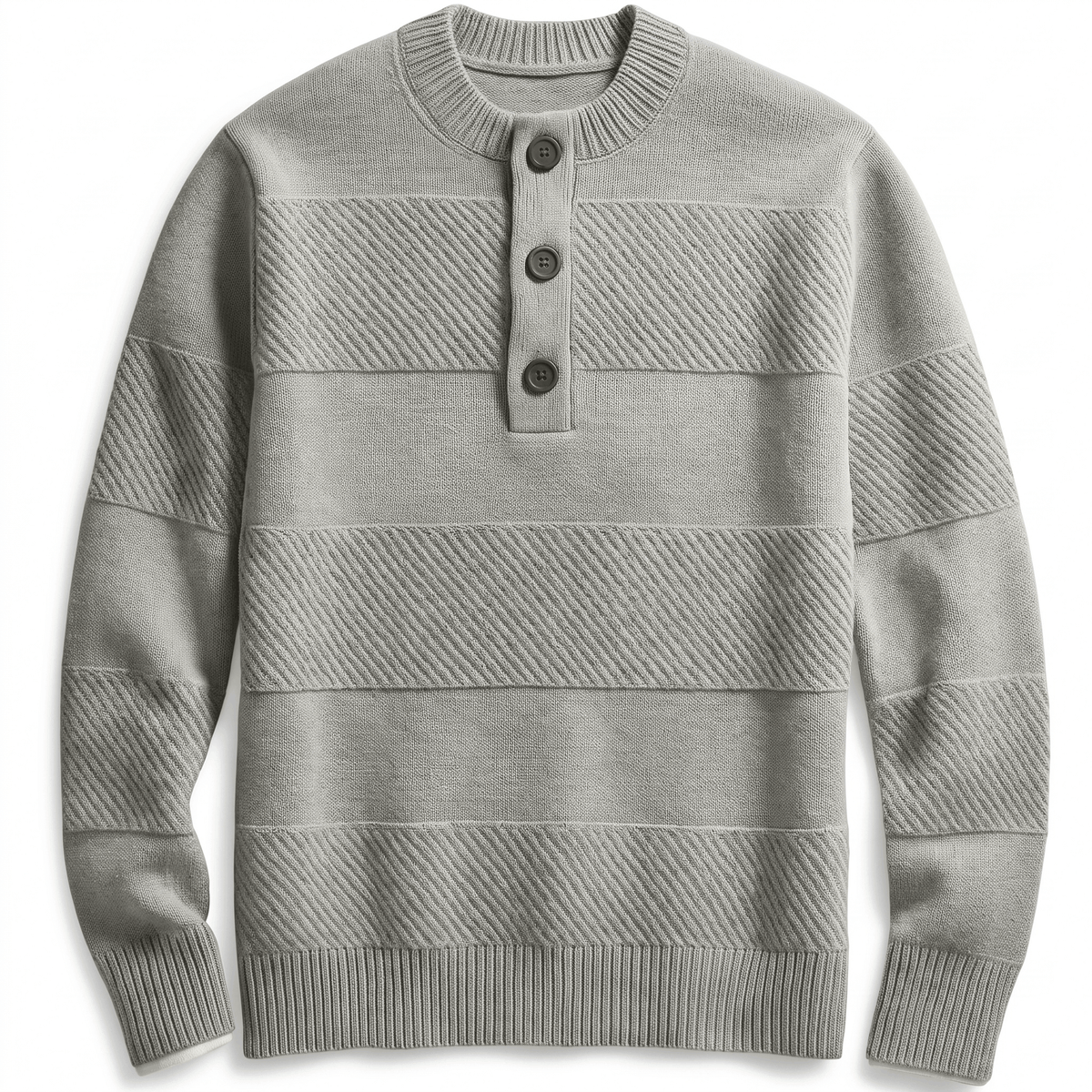 Orlando Chunky Knit Henley Sweater – Textured Stripe Three Button Crew Neck Long Sleeve Pullover