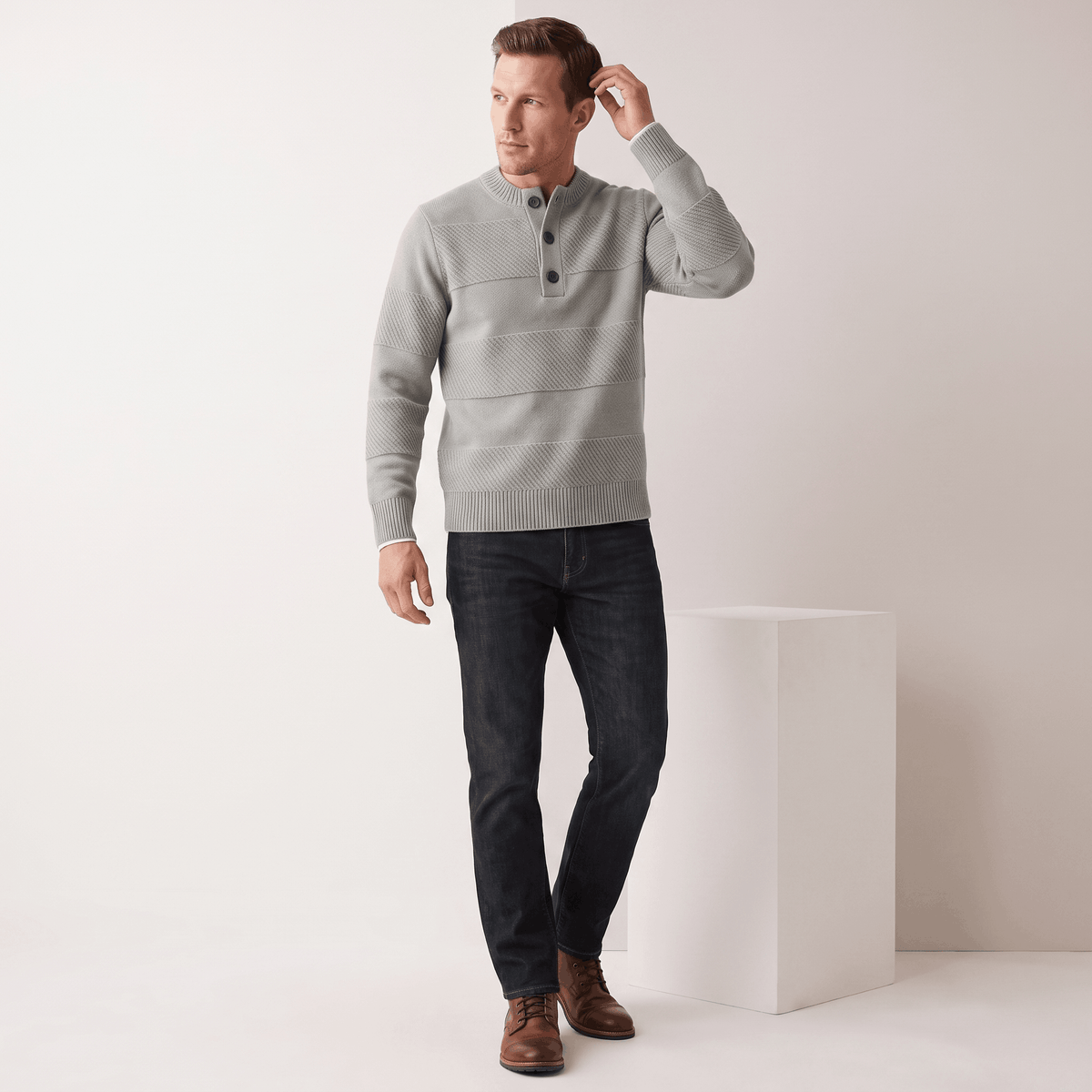 Orlando Chunky Knit Henley Sweater – Textured Stripe Three Button Crew Neck Long Sleeve Pullover