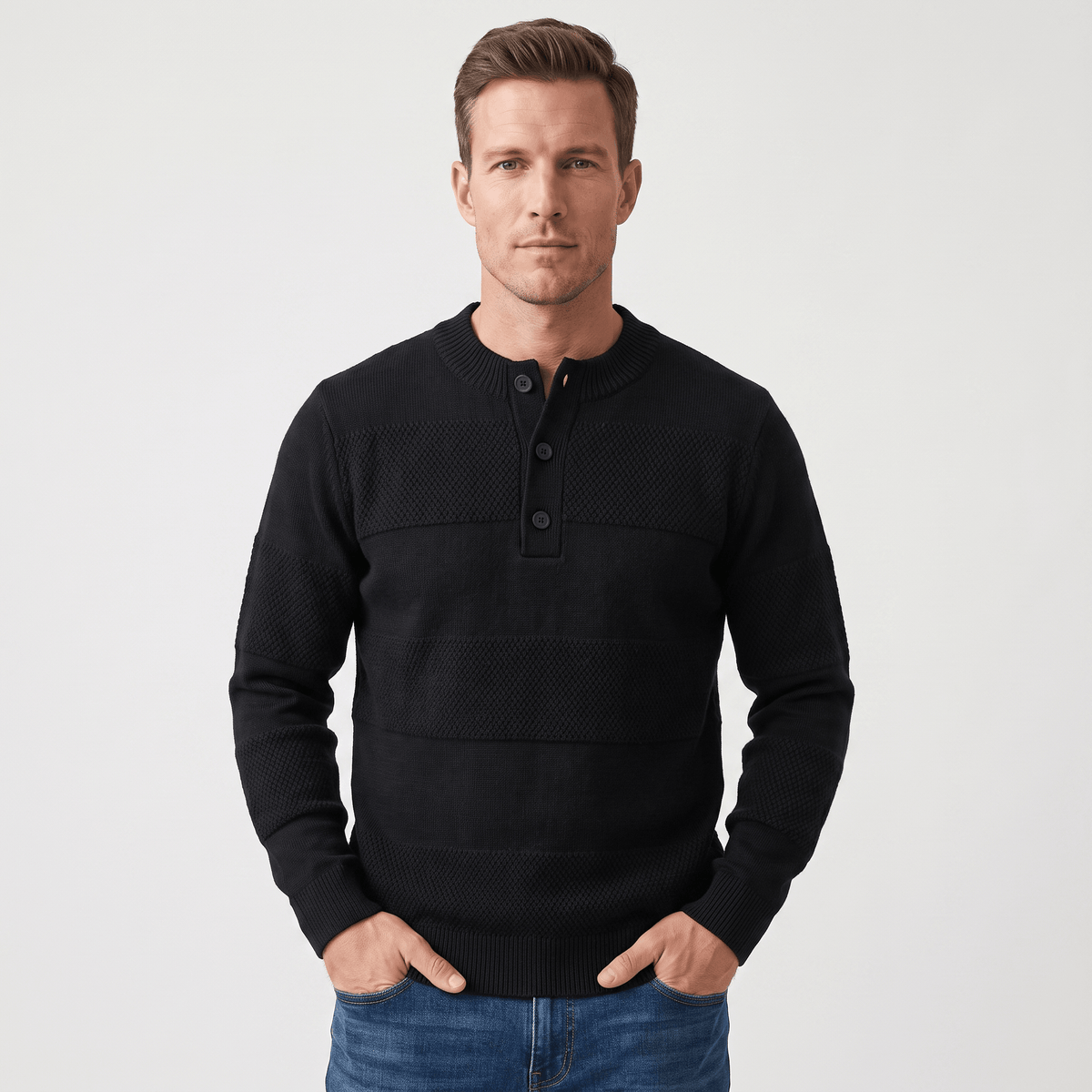 Orlando Chunky Knit Henley Sweater – Textured Stripe Three Button Crew Neck Long Sleeve Pullover