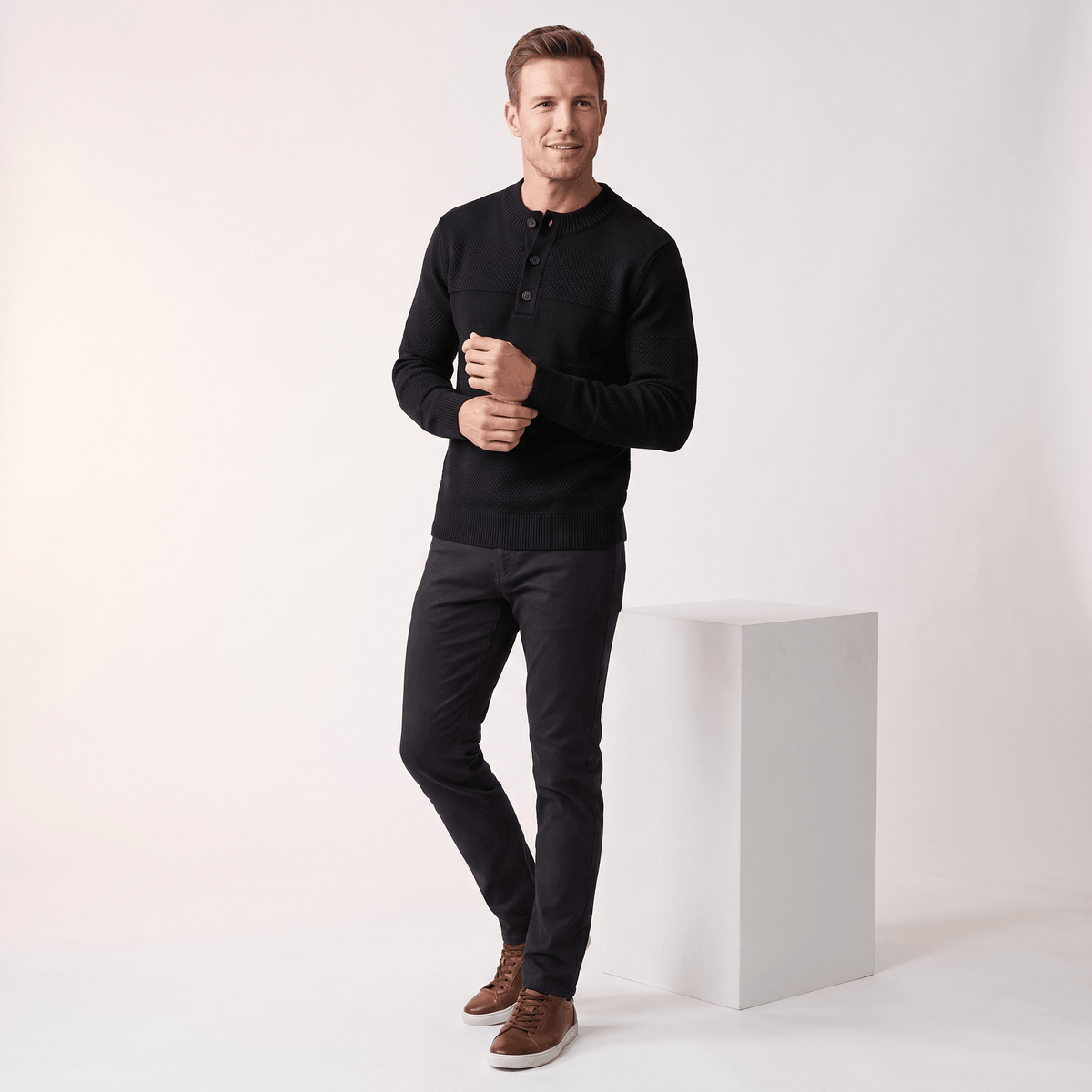 Orlando Chunky Knit Henley Sweater – Textured Stripe Three Button Crew Neck Long Sleeve Pullover
