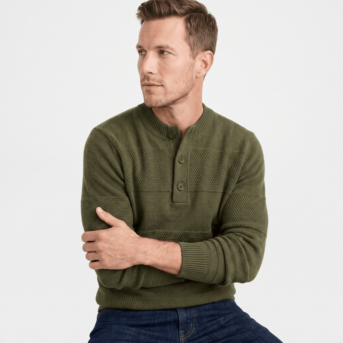 Orlando Chunky Knit Henley Sweater – Textured Stripe Three Button Crew Neck Long Sleeve Pullover