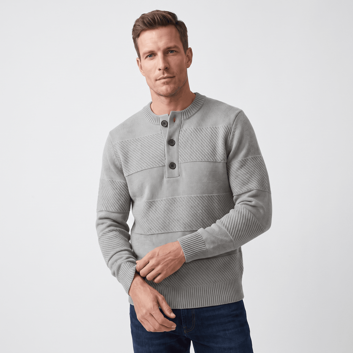Orlando Chunky Knit Henley Sweater – Textured Stripe Three Button Crew Neck Long Sleeve Pullover