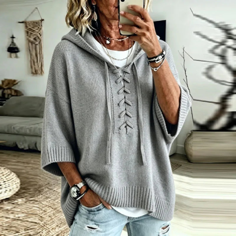 Sonja Lace-Up Hooded Knit Sweater