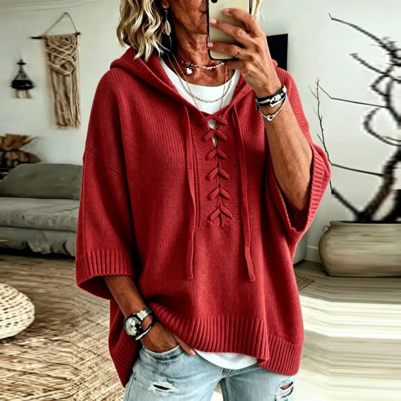 Sonja Lace-Up Hooded Knit Sweater