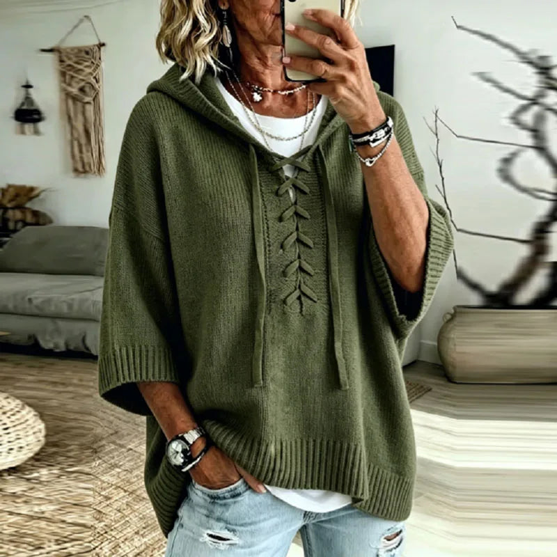 Sonja Lace-Up Hooded Knit Sweater