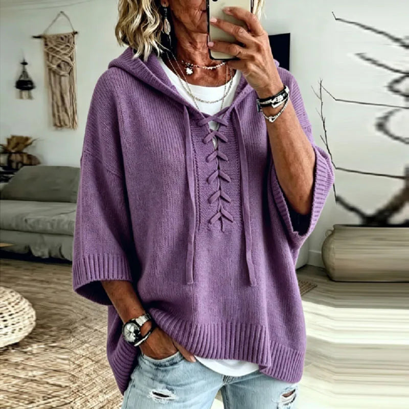 Sonja Lace-Up Hooded Knit Sweater