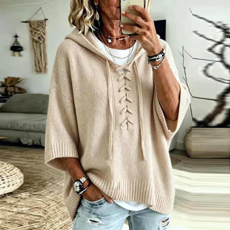 Sonja Lace-Up Hooded Knit Sweater