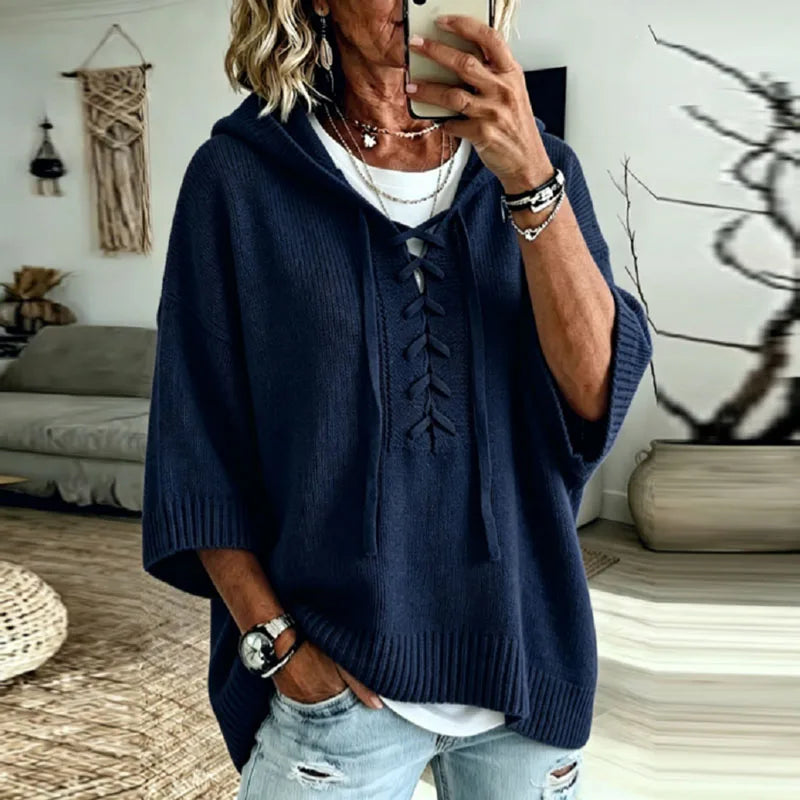 Sonja Lace-Up Hooded Knit Sweater