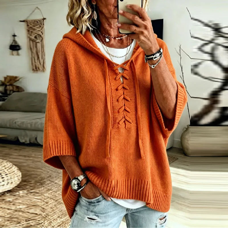 Sonja Lace-Up Hooded Knit Sweater