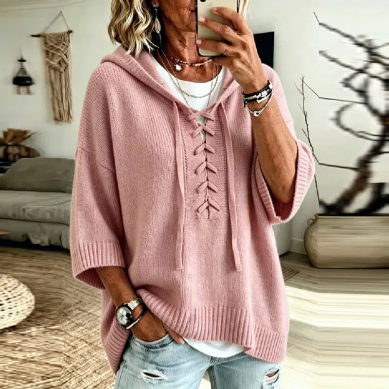 Sonja Lace-Up Hooded Knit Sweater