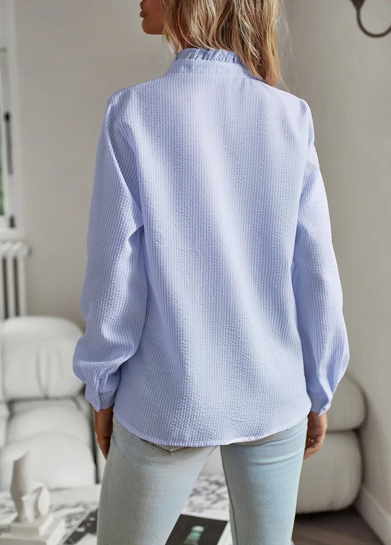 Women's Elegant Ruffle Neck Button-Up Blouse with Textured Fabric – Relaxed Long Sleeve Shirt for Office and Smart Casual Wear
