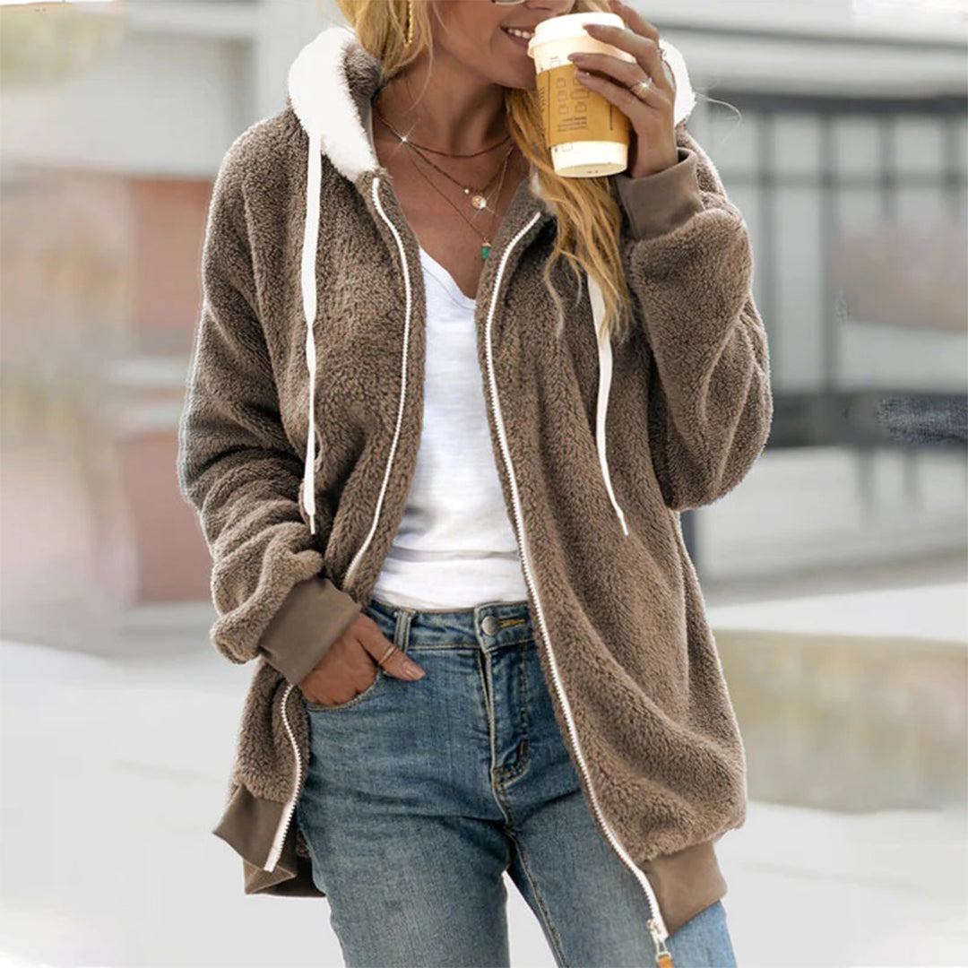 Women’s Longline Fleece Zip-Up Hoodie with Contrast Hood Lining – Relaxed Fit Winter Layer with Drawstrings and Ribbed Cuffs for Casual Everyday Wear