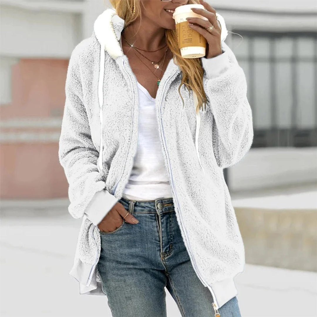 Women’s Longline Fleece Zip-Up Hoodie with Contrast Hood Lining – Relaxed Fit Winter Layer with Drawstrings and Ribbed Cuffs for Casual Everyday Wear