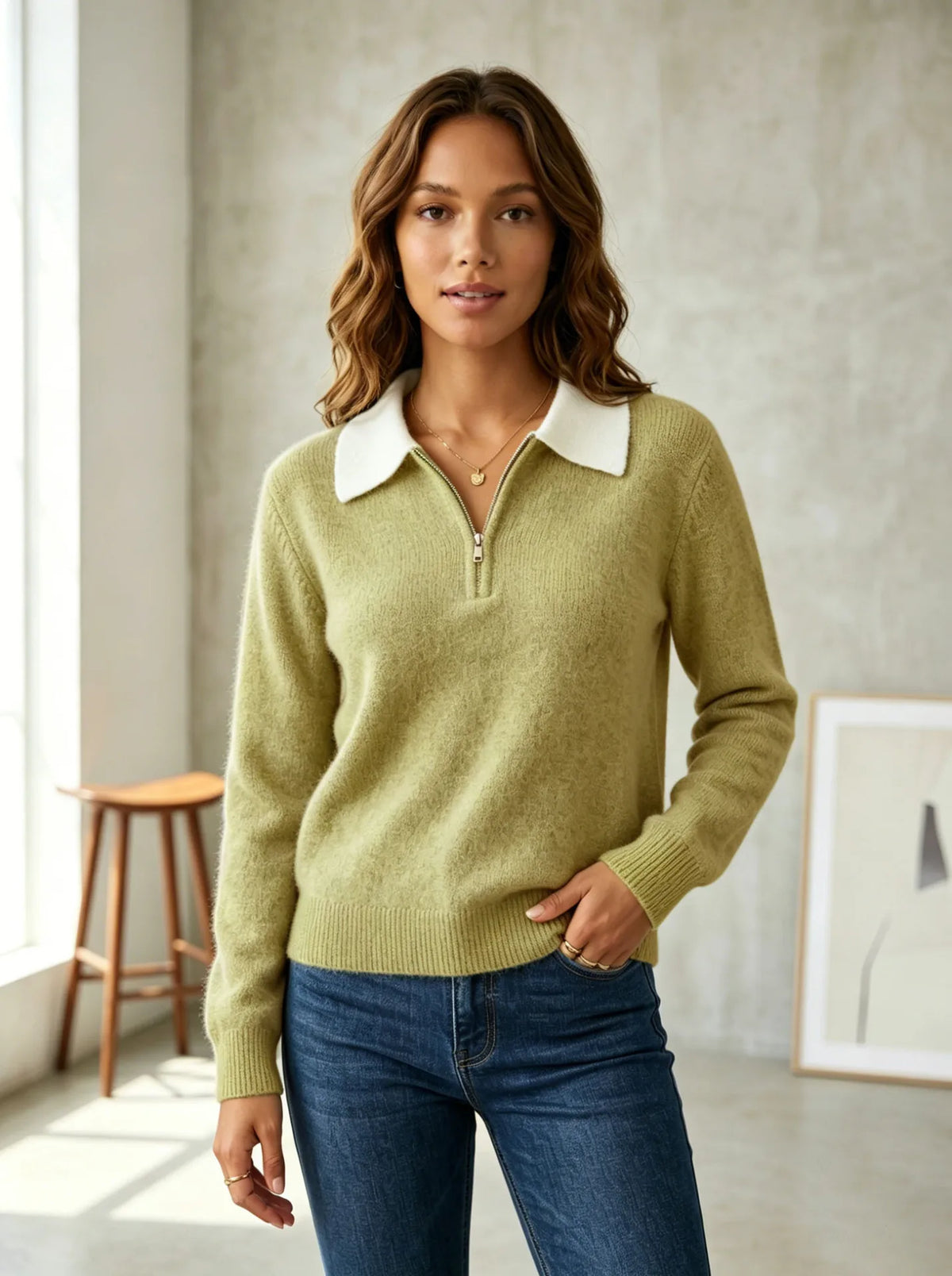 Gia Contrast Collar Quarter-Zip Sweater