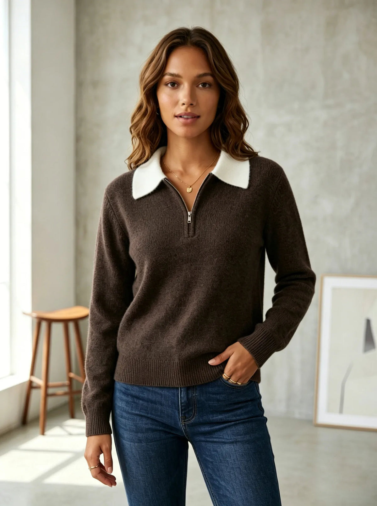 Gia Contrast Collar Quarter-Zip Sweater