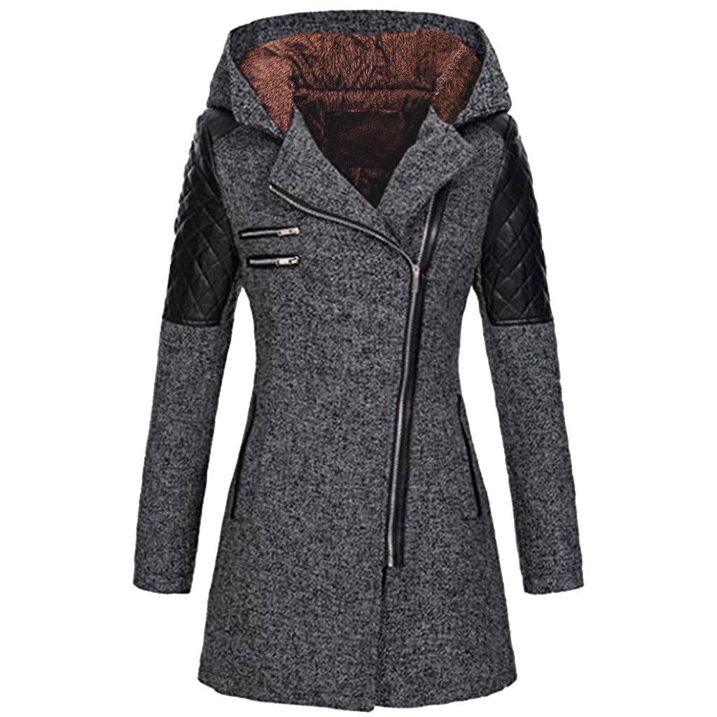 Women's Hooded Winter Jacket | Asymmetric Zip Coat