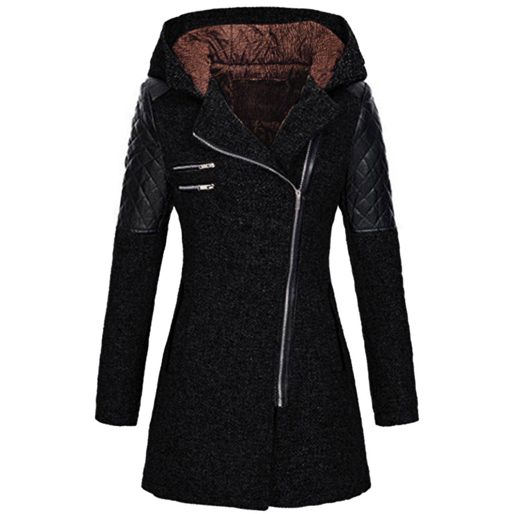 Women's Hooded Winter Jacket | Asymmetric Zip Coat