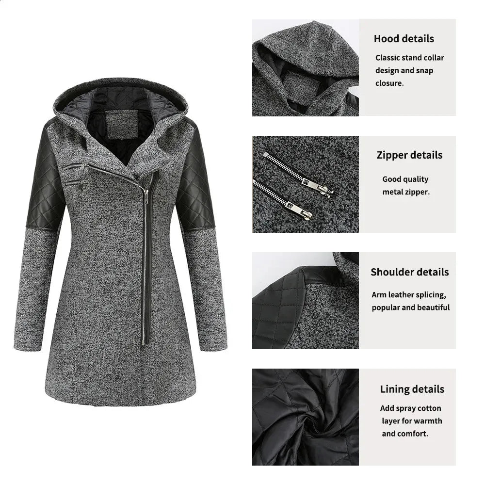 Women's Hooded Winter Jacket | Asymmetric Zip Coat
