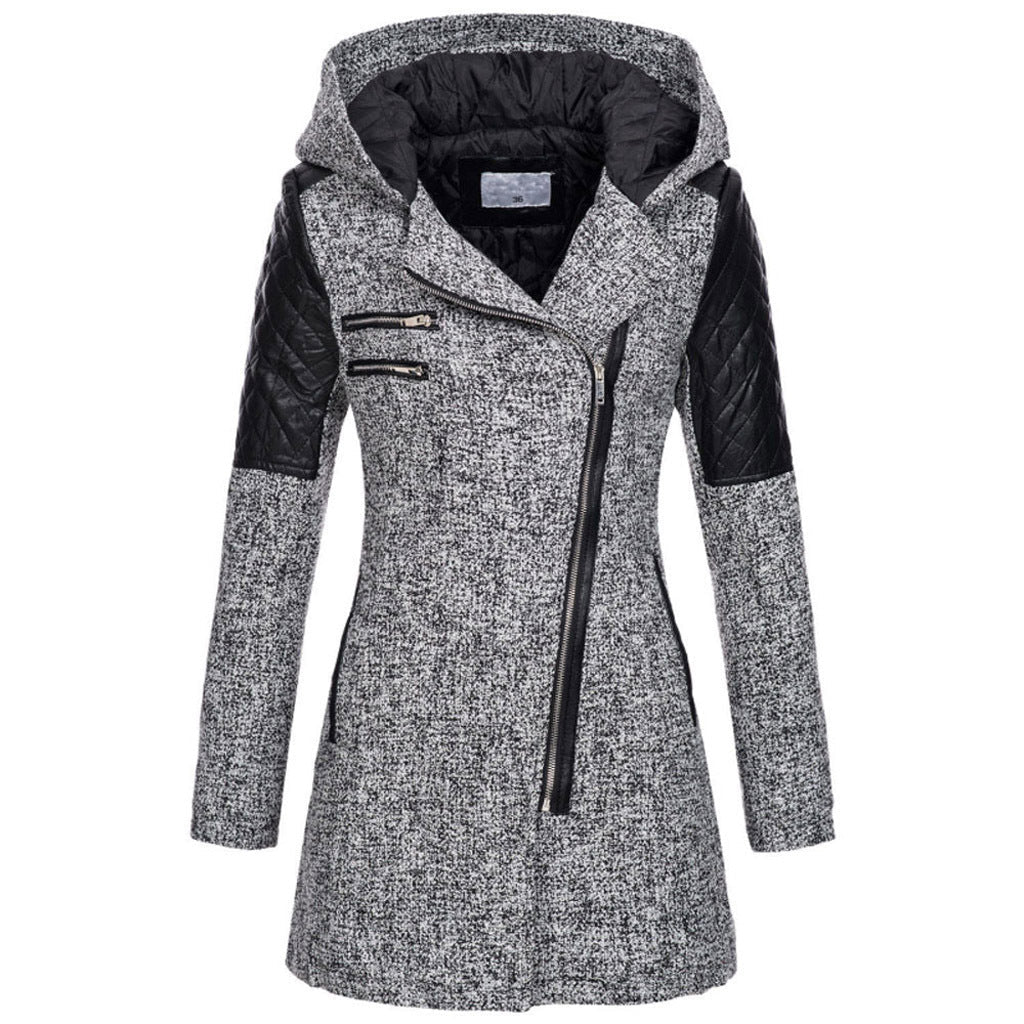 Women's Hooded Winter Jacket | Asymmetric Zip Coat