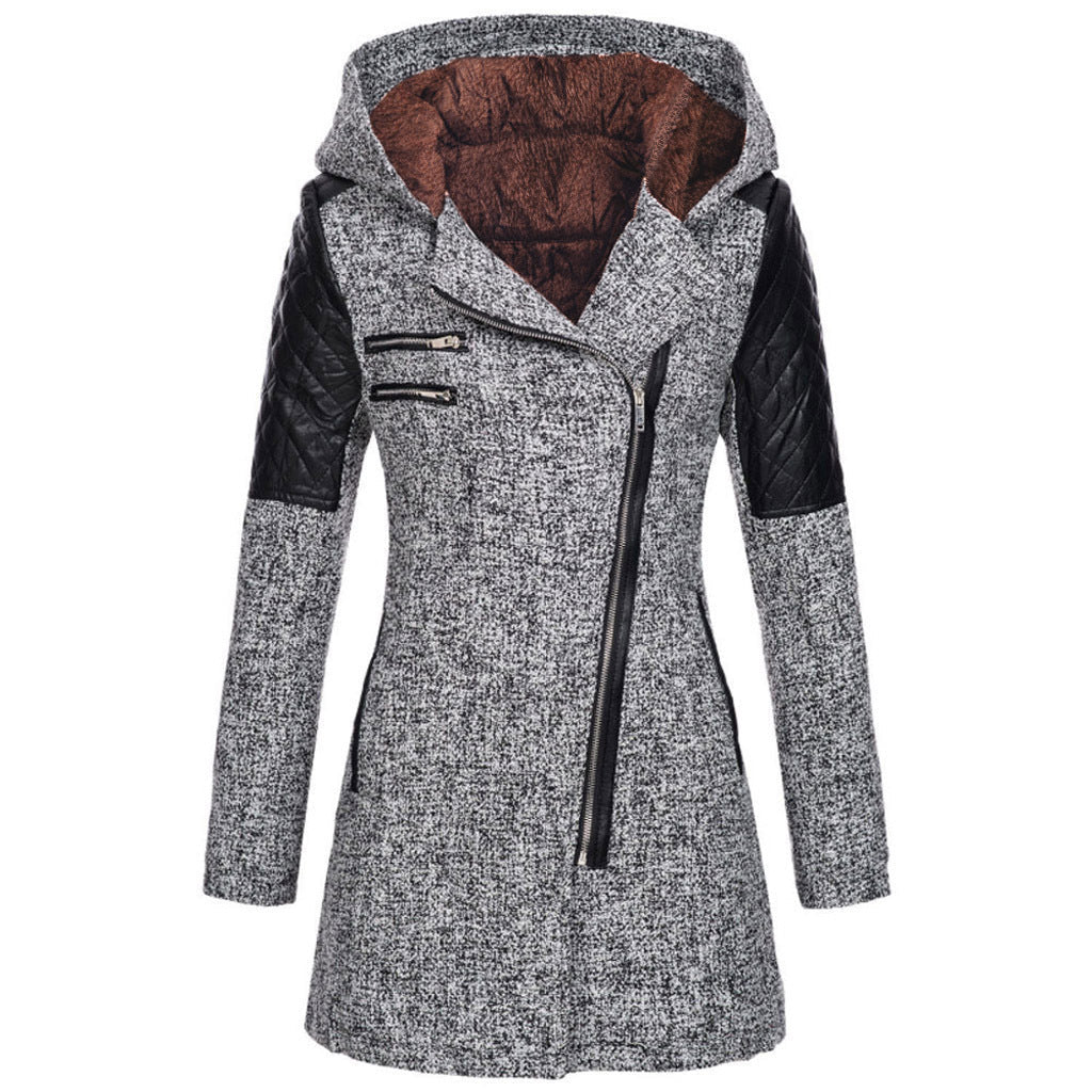 Women's Hooded Winter Jacket | Asymmetric Zip Coat