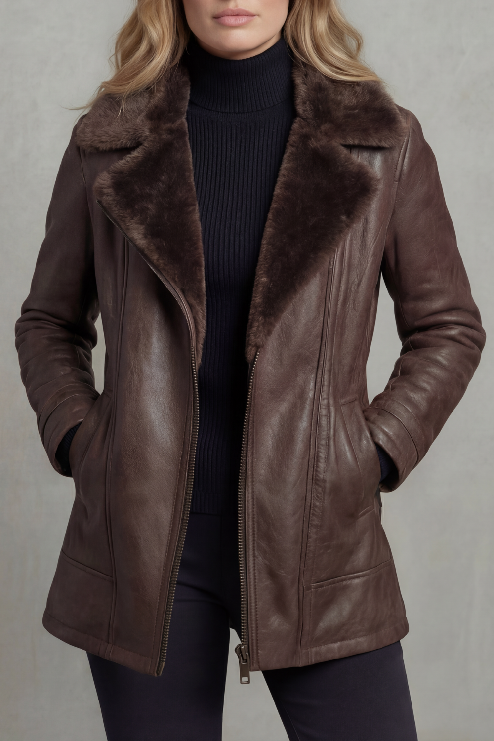 Women’s Faux Fur Collar Leather Look Jacket