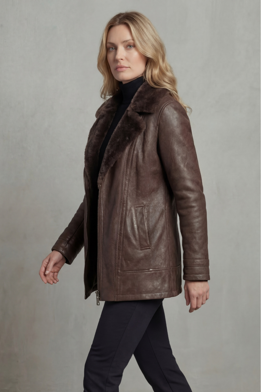 Women’s Faux Fur Collar Leather Look Jacket