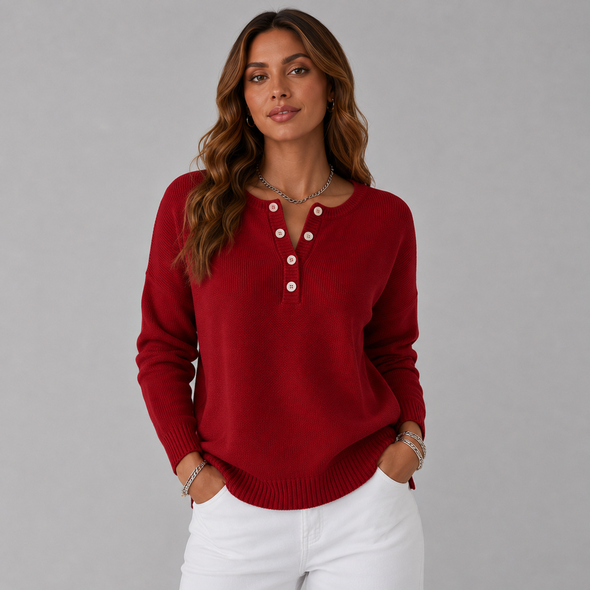 Wren-Claire Henley Button Knit Sweater