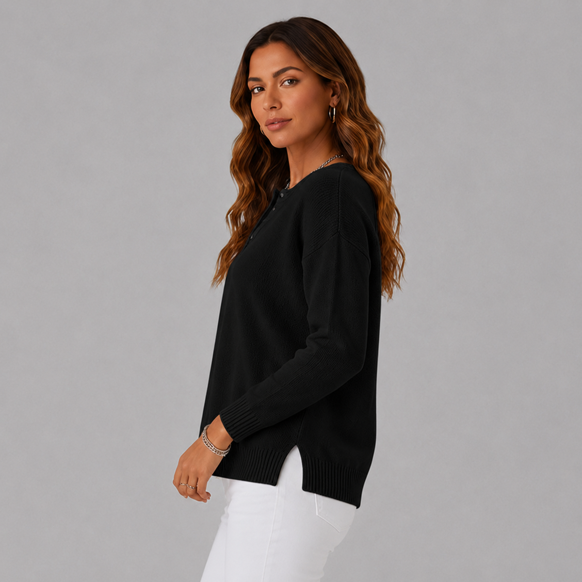 Wren-Claire Henley Button Knit Sweater