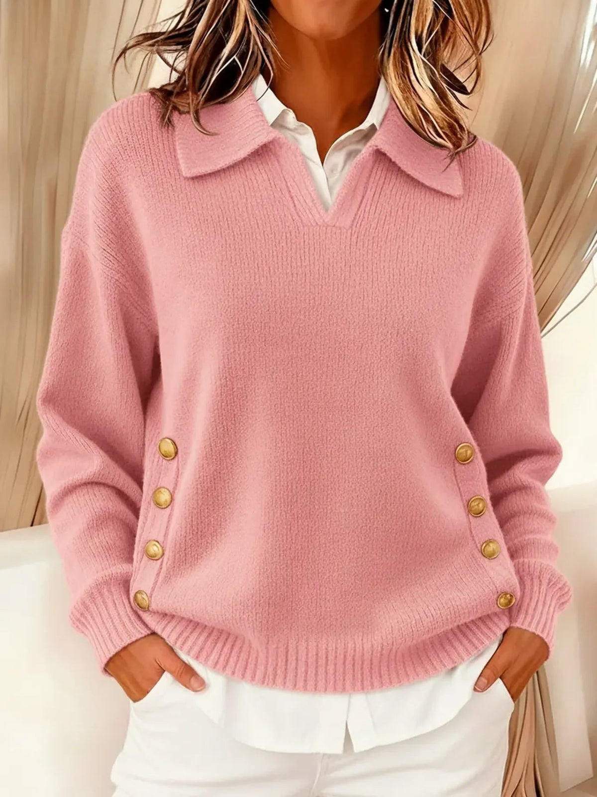 Poppy-Joy Polo Collar Gold Button Sweater