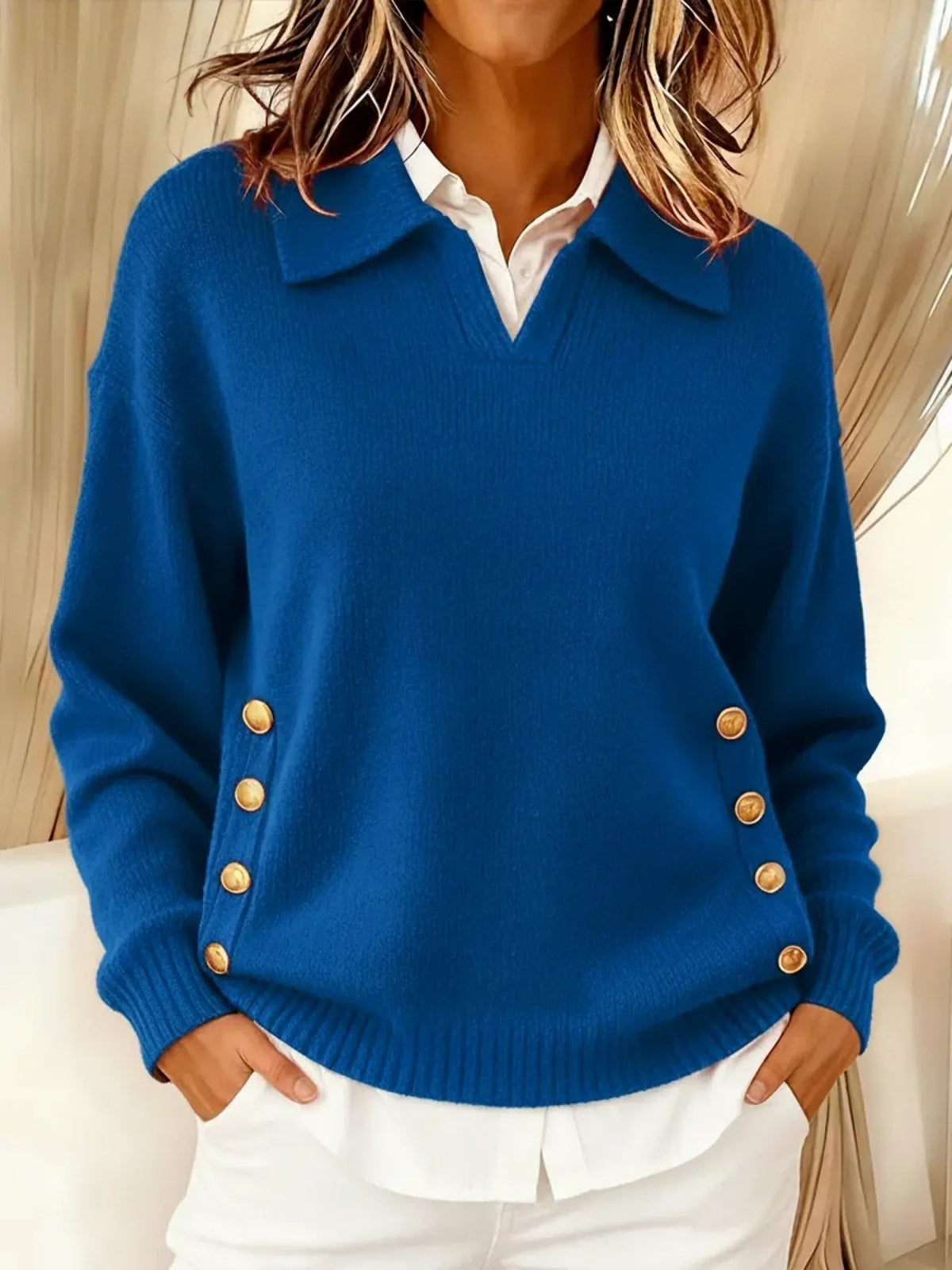 Poppy-Joy Polo Collar Gold Button Sweater