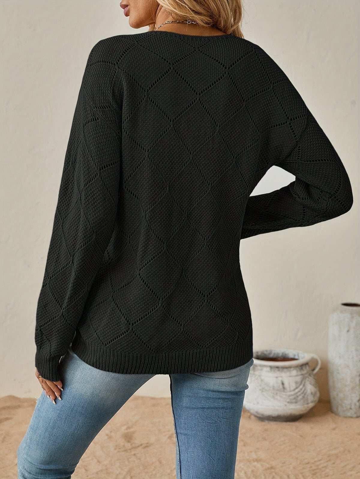 Dalia Diamond Pointelle V-Neck Sweater
