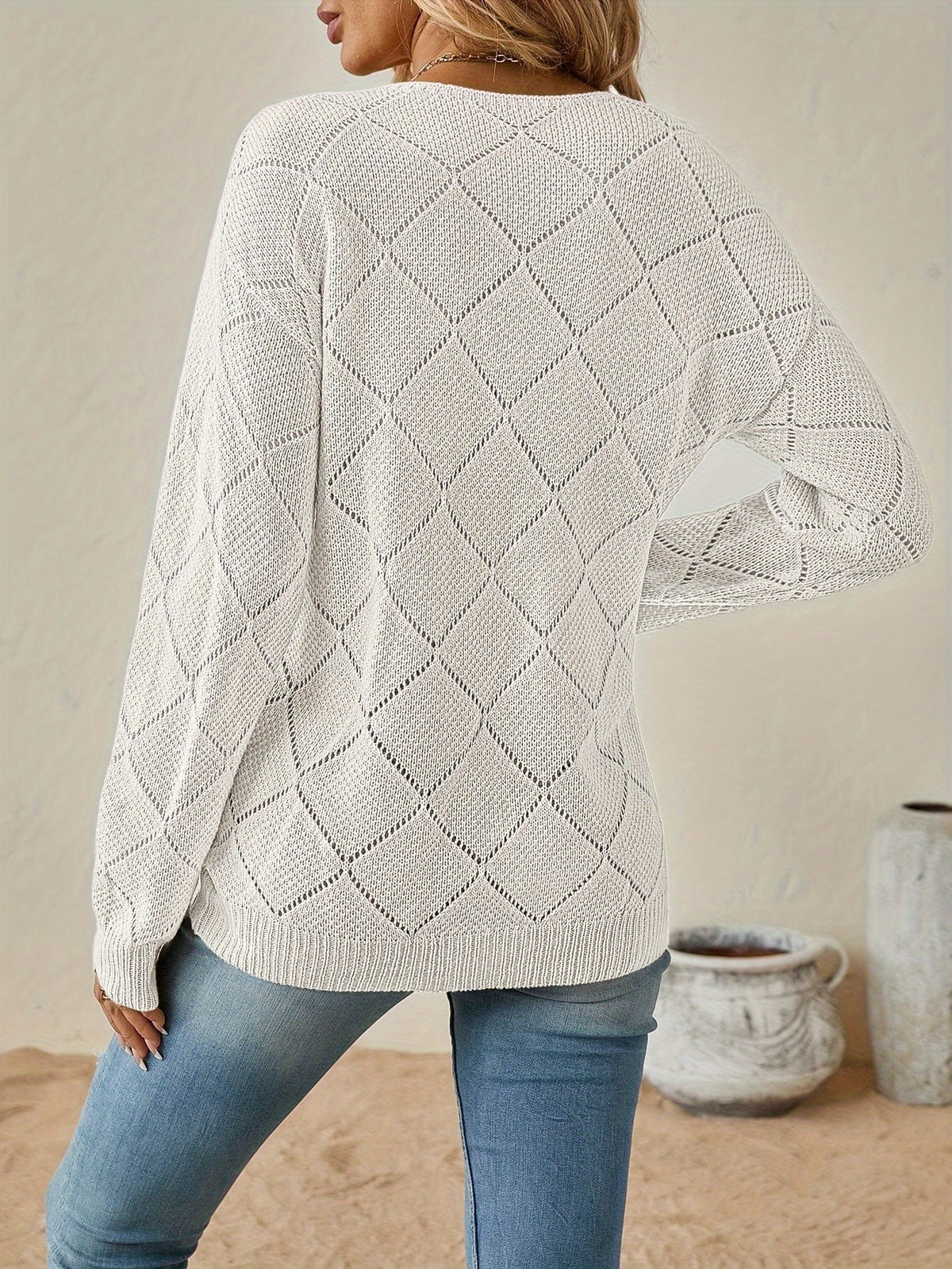 Dalia Diamond Pointelle V-Neck Sweater