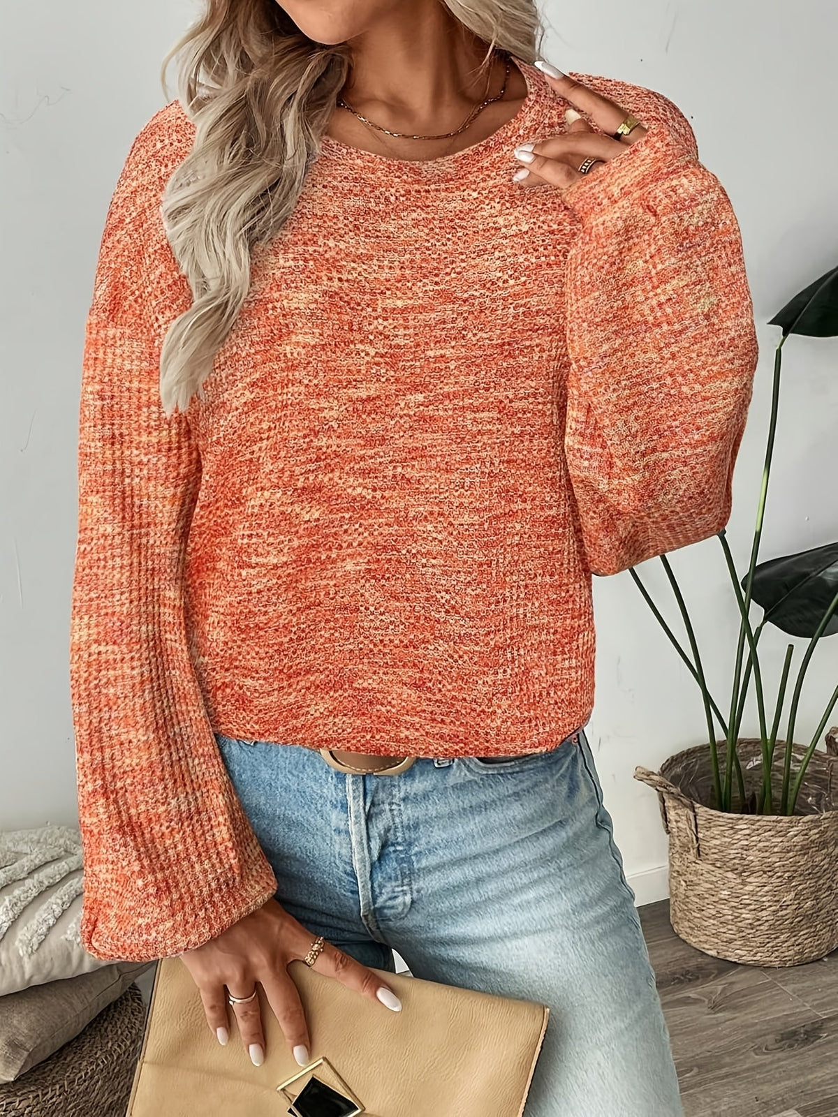 Louisa-Skye Marled Waffle Puff Sleeve Sweater