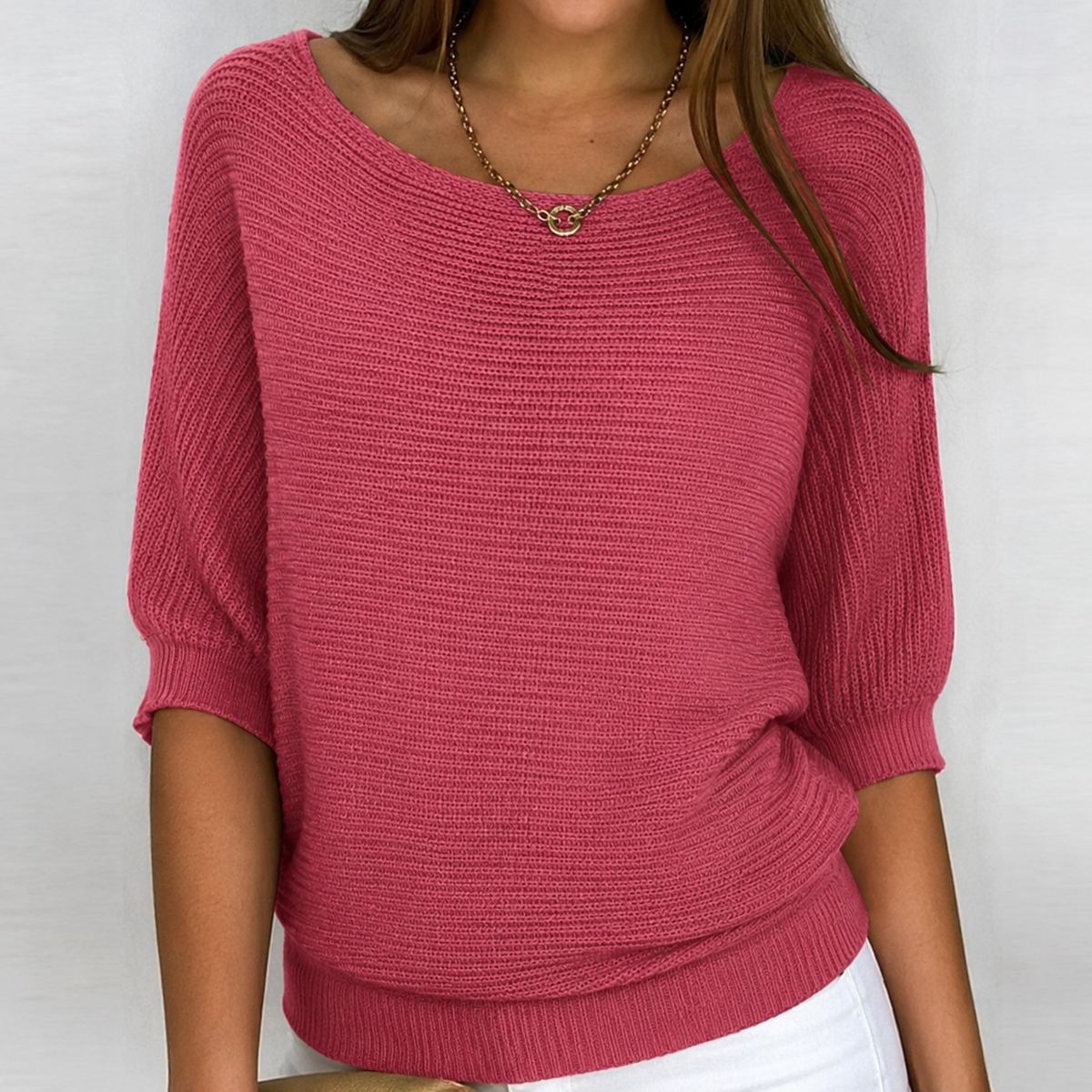 Aurora | Cotton-Blend Ribbed Knit Three-Quarter Sleeves Sweater