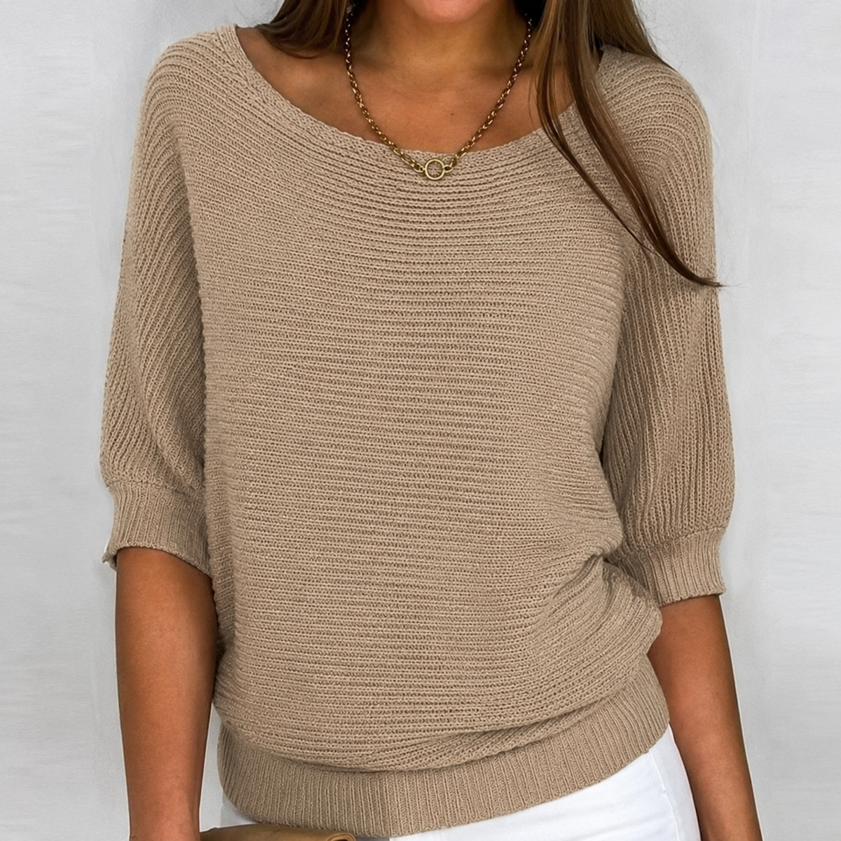 Aurora | Cotton-Blend Ribbed Knit Three-Quarter Sleeves Sweater