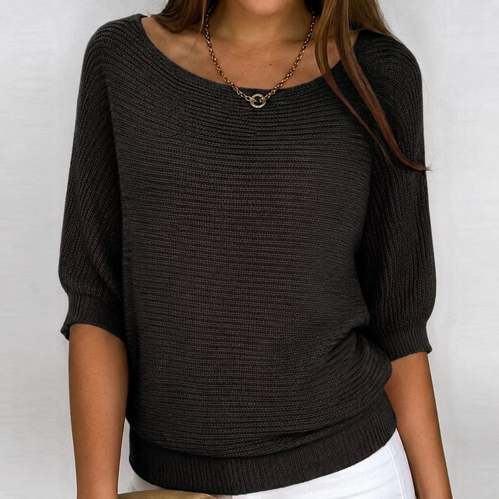 Aurora | Cotton-Blend Ribbed Knit Three-Quarter Sleeves Sweater