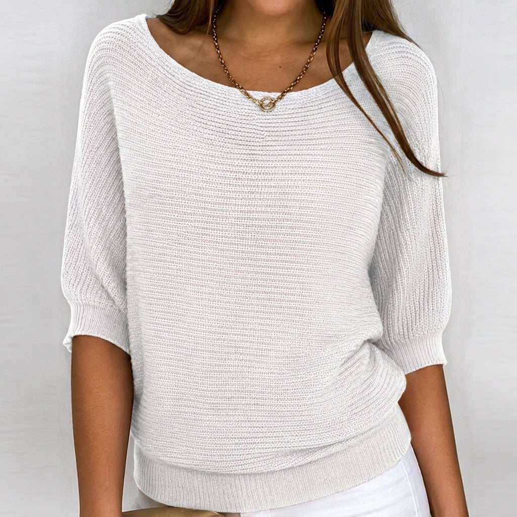 Aurora | Cotton-Blend Ribbed Knit Three-Quarter Sleeves Sweater