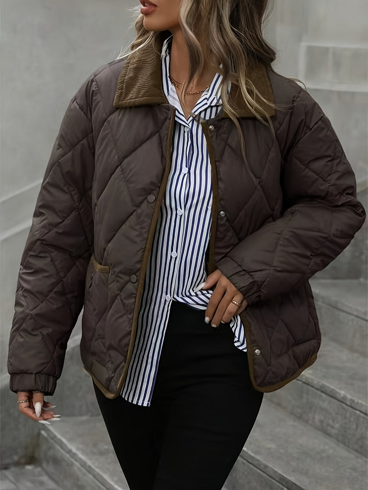 Women’s Diamond Quilted Padded Jacket with Contrast Collar and Patch Pockets – Relaxed Fit Press-Stud Outerwear for Everyday Cold-Weather Layering