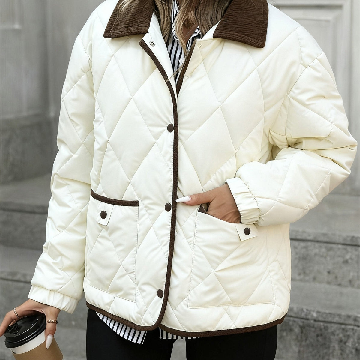 Women’s Diamond Quilted Padded Jacket with Contrast Collar and Patch Pockets – Relaxed Fit Press-Stud Outerwear for Everyday Cold-Weather Layering