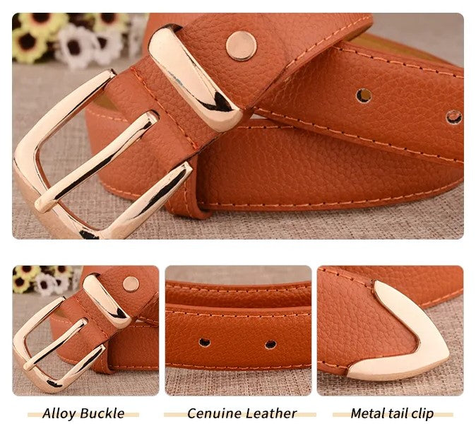 Leather Belt with Gold-Tone Buckle and Textured Finish