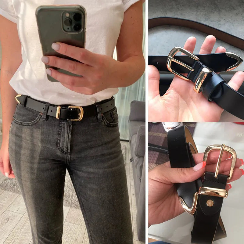 Leather Belt with Gold-Tone Buckle and Textured Finish