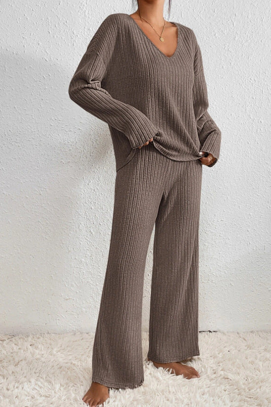 Women's Ribbed Knit V-Neck Top & Wide-Leg Trousers Set